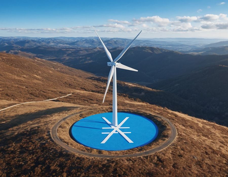 Wind Turbine Standing on Mountaintop Giant Xno Symbol Painted in Blue on Ground Below Mre Ads Corporate